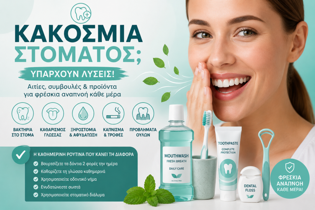 Infographic για κακοσμία στόματος με γυναίκα που χαμογελά, προϊόντα στοματικής υγιεινής και συμβουλές για φρέσκια αναπνοή σε πράσινο και λευκό φόντο.