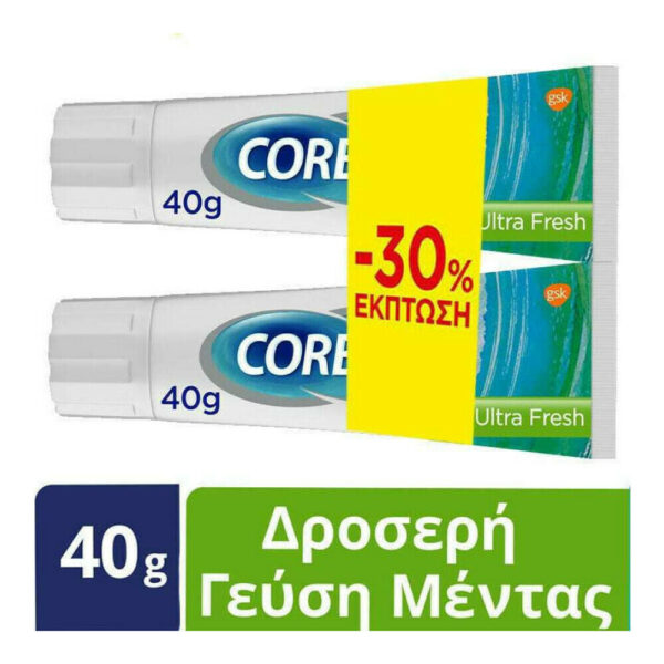 Corega Ultra Fresh στερεωτική κρέμα για τεχνητή οδοντοστοιχία 2x40g με ισχυρή συγκράτηση και αίσθηση φρεσκάδας