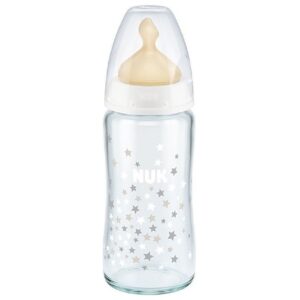 Nuk Γυάλινο Μπιμπερό First Choice Plus Temperature Control Κατά των Κολικών με Θηλή Καουτσούκ 240ml για 0+ μηνών Λευκό Αστεράκια