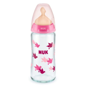 Nuk Γυάλινο Μπιμπερό First Choice Plus Temperature Control κατά των Κολικών με Θηλή Καουτσούκ 0-6m Ροζ, 240ml